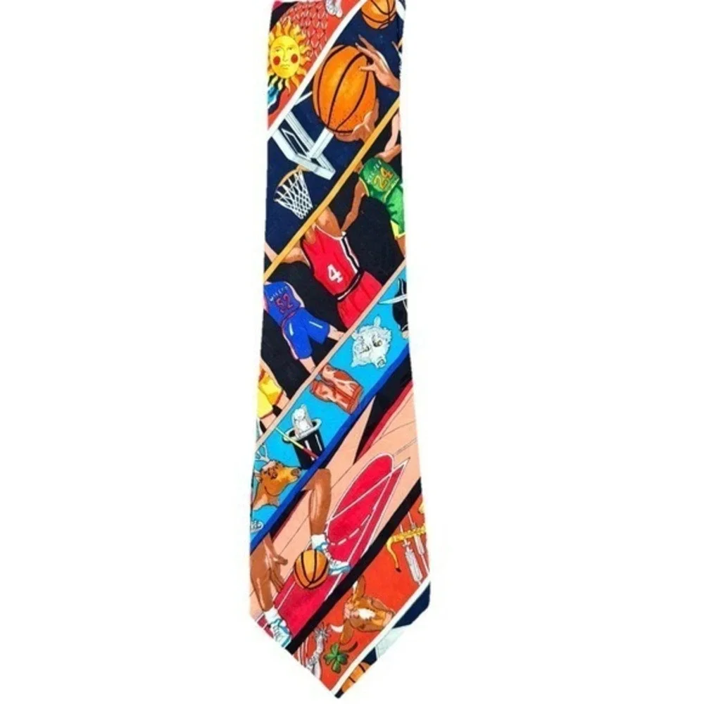 Nicole Miller 1993 Vintage‎ Basketball Silk Tie Mens Multi Color Sports Print